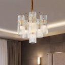 Modern Cylinder Hanging Lamp 6-Light Clear Crystal Rod Chandelier Lighting Fixture for Bedroom