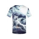 Popular Wolf 3D Printed Short Sleeve Crew Neck Loose Fit Tee Top in White