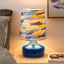 Aquarelle Fish Pattern Fabric Night Lamp Kids Style 1 Head Dark Blue Table Light with Barrel Lampshade