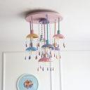 Crystal Cascade Ceiling Mount Chandelier 7 Bulbs Pink Semi Flush Light with Scalloped Saucer Shade