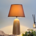White/Brown Conical Table Light Minimalistic 1-Light Fabric Night Lamp with Ridged Ceramic Base