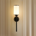 Cylinder Living Room Wall Sconce Lighting Rural White Glass 1-Head Black Finish Wall Light Fixture