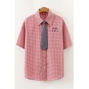 Preppy Looks Cat Embroidered Checkered Print Short Sleeve Point Collar Chest Pocket Button up Relaxed Shirt for Girls