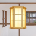 Faceted Cylinder Pendant Light Fixture Asia Wood Grid 1 Bulb Beige Hanging Lamp Kit