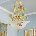 Korean Flower Dome Chandelier Lamp 3-Bulb Opal Glass Hanging Ceiling Light in Green