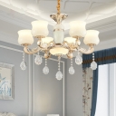 Opal Glass Curved Jar Shade Pendant Lamp Modern Style 6 Heads Bedroom Up Chandelier with Crystal Drape in Gold