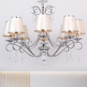 Chrome Scroll Arm Pendant Light Modern Metal 8 Heads Living Room Ceiling Chandelier with Beige Cone Shade