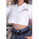 Chic Girls Letter Such Cute Rainbow Graphic Short Sleeve Turn-down Collar Button up Relaxed Crop Shirt in White