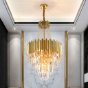 Luxury Layered Pendant Chandelier 10 Bulbs Clear K9 Crystal Hanging Light Fixture in Gold
