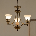 3/6-Head Chandelier Lamp Rustic Bedroom Hanging Light Fixture with Bell White Glass Shade