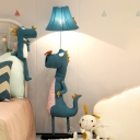 Dinosaur Standing Floor Light Cartoon Fabric 1 Bulb Living Room Floor Lamp in Blue with Bell Shade