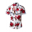 Mens White Allover Floral Patterned Short Sleeve Turn-down Collar Button down Slim Fit Popular Shirt