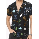 All over Mixed Cartoon Printed Short Sleeve Spread Collar Button up Regular Fit Chic Shirt for Men