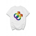 Stylish White Rainbow Gender Symbol Heart Letter Patterned Short Sleeve Crew Neck Loose Fit Tee Top for Men