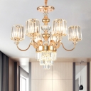 Classic Cone Ceiling Hang Fixture 6 Bulbs Crystal Block Hanging Chandelier in Gold with Curved Arm