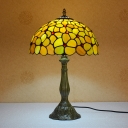 Victorian Blossom Nightstand Lighting 1-Head Hand Cut Glass Night Table Lamp in Bronze with Domed Shade