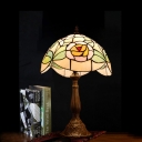 1-Head Scalloped Nightstand Lamp Baroque Bronze Hand Cut Glass Rose Patterned Table Light