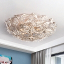 Aged Silver 2-Head Ceiling Flush Modern Crystal Petal Semi Flush Mount with Leaf Decor