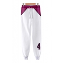 Popular Mens Number 3 Pattern Contrasted Drawstring Waist Ankle Length Cuffed Carrot Fit Sweatpants in White