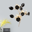 3 Heads Ceramic Wall Lighting Romantic Pastoral Black/White/Red Rose and Leaf Bedroom Sconce with Crystal Accent