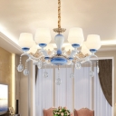 Cup Shade Living Room Pendant Lighting Modern Milk Glass 8-Bulb Blue and White Chandelier with Cut Crystal Drop