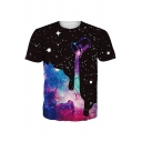Stylish Black Pouring Starry Sky 3D Printed Short Sleeve Crew Neck Relaxed Fit T Shirt for Guys