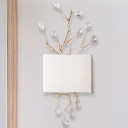 Fabric White Flush Mount Wall Sconce Cuboid 2 Bulbs Rustic Wall Mount Lamp with Branching Crystal Insert