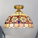 Tiffany Blossom-Pattern Bowl Ceiling Lamp 1 Bulb Hand Cut Shell Flush Light Fixture in Brass