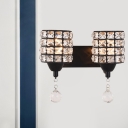 Black Gridded Cylinder Wall Lamp Modern Crystal 2 Heads Living Room Sconce Light Fixture