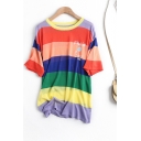Popular Womens Letter Fill in Cartoon Face Graphic Colorful Striped Short Sleeve Round Neck Long Loose Fit T Shirt