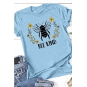Popular Ladies Letter Bee Kind Cartoon Bee Floral Graphic Rolled Short Sleeve Crew Neck Regular Fit Tee Top
