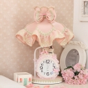 Ruffle Princess Dress Bedside Table Lamp Korean Garden Fabric 1-Light Pink Nightstand Light with Clock