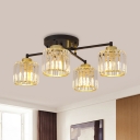 4/6 Bulbs Crossed Rod Arm Ceiling Light Modern Black-Gold Iron Semi Flush Mount Lamp with Crystal Shade