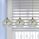 Bronze 3 Bulbs Multi Pendant Tiffany Stained Art Glass Sphere Suspended Lighting Fixture with Floral Pattern