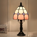 Red/Pink 1-Head Nightstand Lamp Tiffany Stained Glass Dome Table Light with Grid Pattern for Bedside