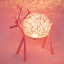 Nordic Elk Metal Nightstand Light USB LED Table Lighting with Rattan Ball Shade in Pink/Blue/Beige