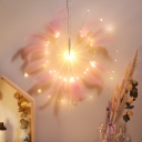 Pink Firework Nightstand Lamp Art Deco LED Feather Battery/USB Powered Table Light in Warm/Multi-Color Light