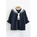 Stylish Girls Letter Embroidered Ruffled Short Sleeve Music Note Striped Sailor Collar Relaxed T-shirt