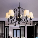Fabric White Pendant Lamp Conical 5 Heads Modern Chandelier with Black Swoop Arm and Crystal Drop