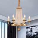 Flared Crystal Beading Suspension Lamp Antique 6 Bulbs Living Room Chandelier with Bare Bulb Design in Gold