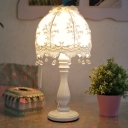 Cream Domed Table Lamp Korean Garden Fabric 1 Bulb Bedside Night Stand Light with Bead Edge