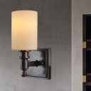 Frosted Glass Cylinder Wall Light Traditional 1-Bulb Living Room Wall Sconce in Black