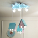 Cartoon House Semi-Flush Ceiling Light Wood 3 Lights Kids Room Flushmount Lamp in Blue