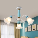 White Glass Bloom Ceiling Lamp Retro 3/5 Bulbs Dining Room Semi Flush Light with Ceramic Decor