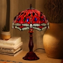 1 Bulb Bedroom Table Lighting Tiffany Bronze Dragonfly Patterned Night Lamp with Dome Cut Glass Shade