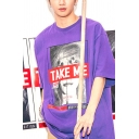 Popular Purple Letter Take Me Figure Graphic Short Sleeve Crew Neck Loose Tee Top for Women