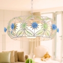 Sphere Milk Glass Chandelier Korean Flower 3-Head Living Room Drop Lamp in Blue with Round Cage