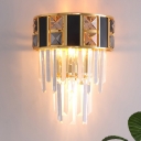3-Tier Crystal Icicle Flush Wall Sconce Vintage 3 Lights Parlor Wall Lighting Fixture in Black-Gold