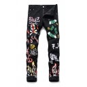 Cool Mens Skull Fire Dollar Pattern Letter Get Freezy Printed Zipper Pocket Mid Rise Slim Fitted Full Length Graphic Jeans