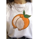Popular Womens Cartoon Peach Printed Rolled Short Sleeve Crew Neck Loose T-shirt in White